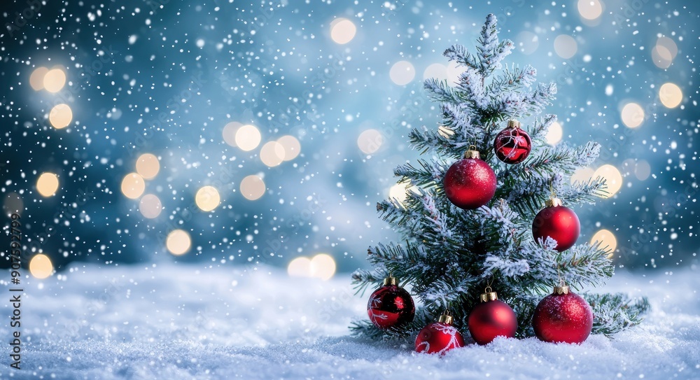 Snow-Covered Christmas Tree with Red Ornaments and Star Topper Against a Sparkling Blue Background - Generative AI Snow-Covered Christmas Tree with Red Ornaments and Star Topper Against a Sparkling Blue Background - Generative AI
