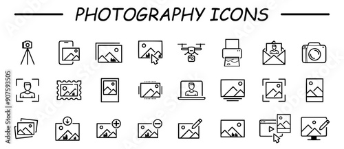 Photography icon set. Containing photo camera, photographer, video camera and photograph symbol vector illustration.