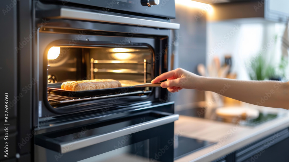 A person is taking a piece of bread out of an oven A person is taking a piece of bread out of an oven