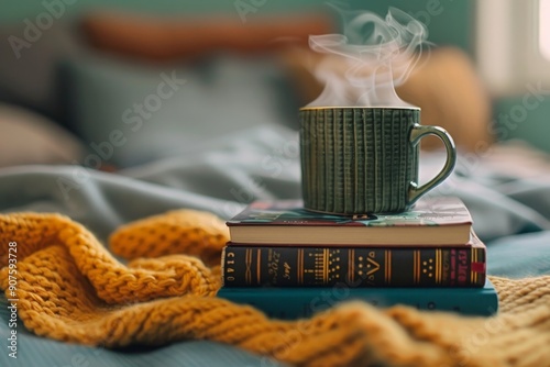 a digital detox scene featuring a stack of books and a steaming cup of tea, with no electronic devices in sight