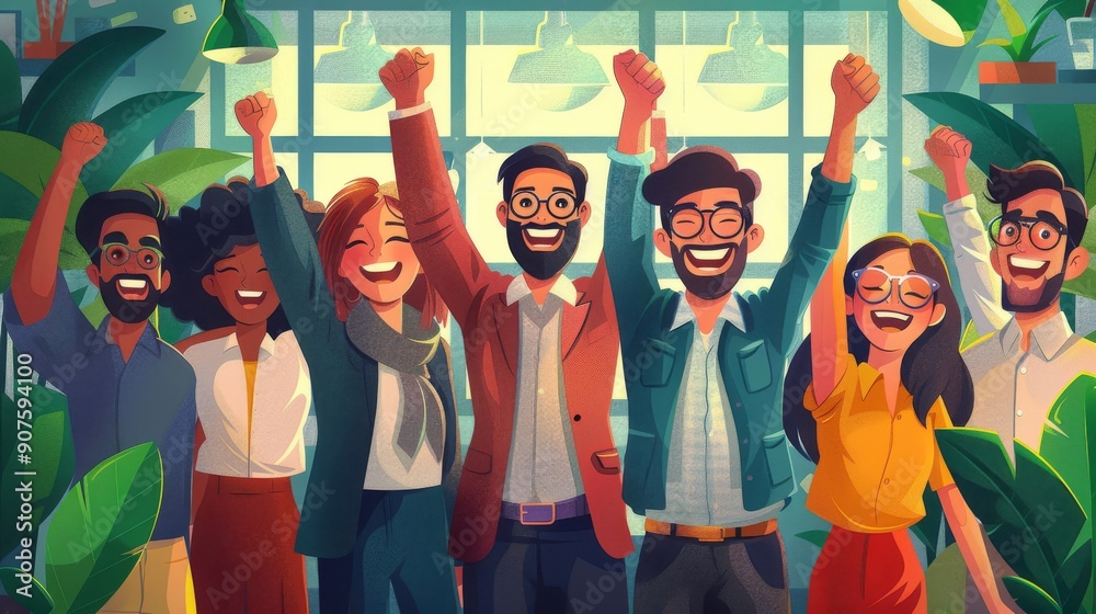 Fototapeta premium Cartoon vector Diverse group of investors celebrating a stock market rally in a modern office