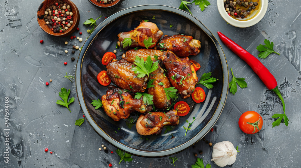 A plate of chicken with a side of vegetables and spices A plate of chicken with a side of vegetables and spices