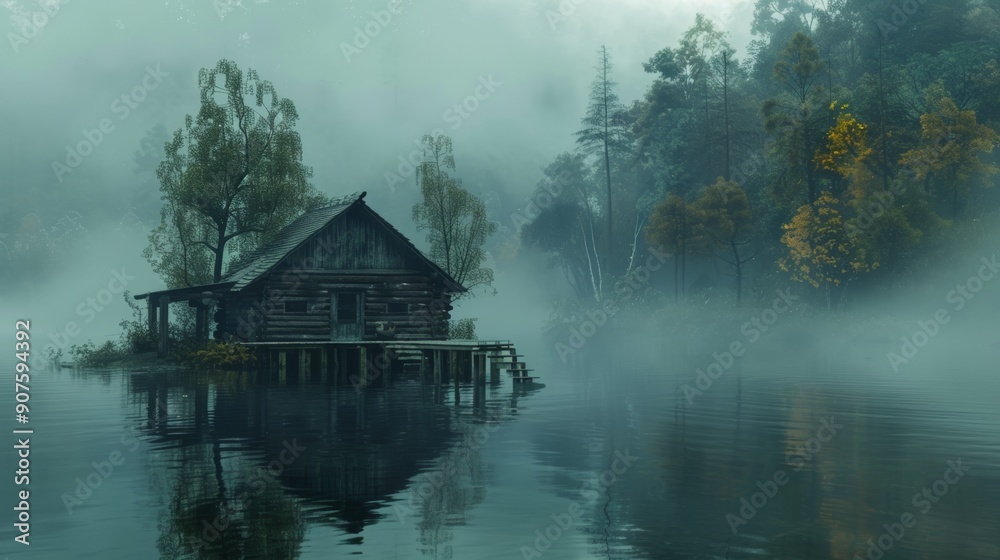 Fototapeta premium Wooden Cottage on Foggy Lake