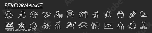 Productivity, performance icon collection. Such as business planning, success, goal achievement, charts, communication, chat, speedometer. Vector icons illustration. Grey background