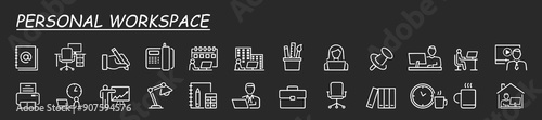 Personal workspace icons. Office icon set outline style. Grey background