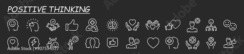 Positive thinking icon set. Containing self-care, optimism, be loved, healthy lifestyle, happiness, positive mindset and more icons. Grey background