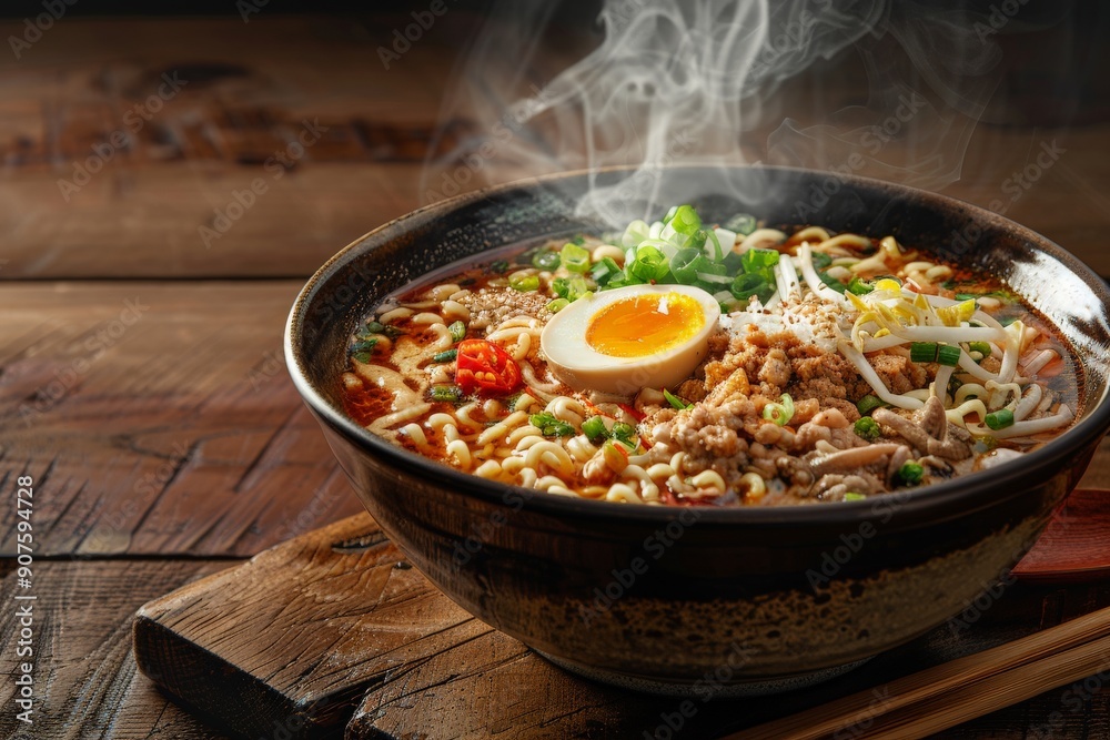 a steaming bowl of ramen with toppings perfectly placed, showcasing the rich textures and colors a steaming bowl of ramen with toppings perfectly placed, showcasing the rich textures and colors