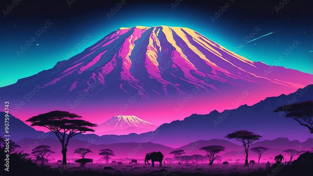 mount kilimanjaro tanzania retro neon
