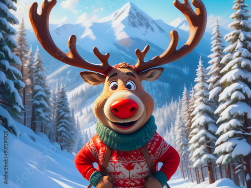 A reindeer with a big nose on a winter vacation, skiing dressed in a sweater with winter motifs illustration.