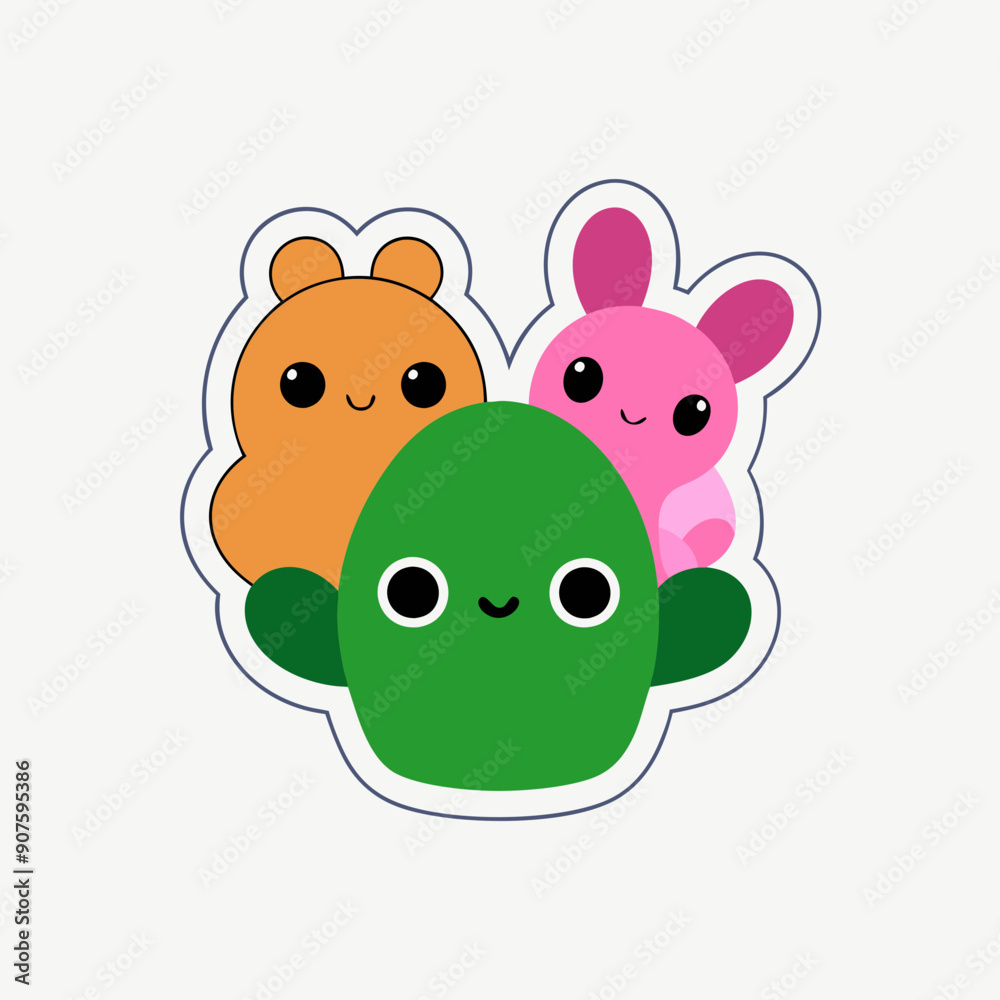 sticker design of A cactus with cute animal companions sticker design of A cactus with cute animal companions