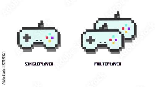 Gaming Controller singleplayer and multiplayer icon symbol pixel art design.