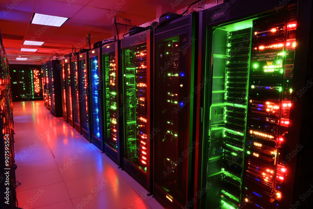 A vibrant, high-tech data center with rows of server racks illuminated by colorful LED lights, representing the heart of modern computing. A vibrant, high-tech data center with rows of server racks illuminated by colorful LED lights, representing the heart of modern computing.