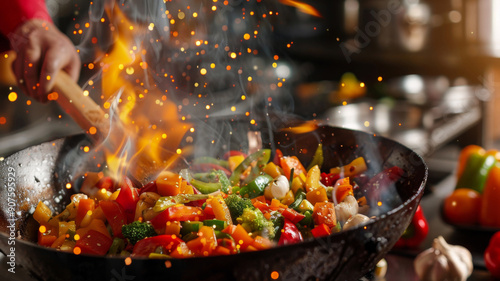 A person is cooking food in a wok with a lot of smoke and fire