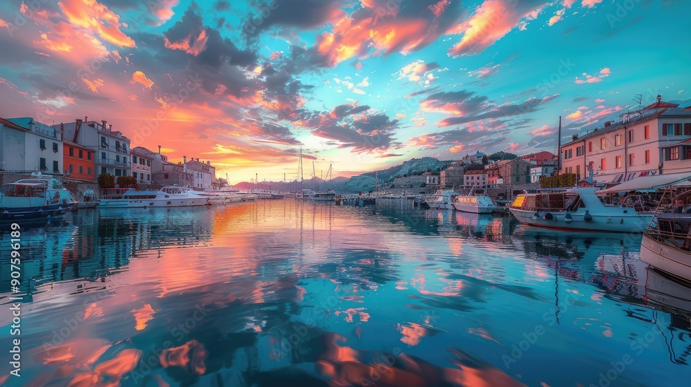 A tranquil sunset over a picturesque harbor town A tranquil sunset over a picturesque harbor town