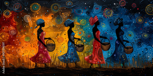 Four african women in a row, in colored dresses, with baskets in their hands on a multicolored flamboyant background