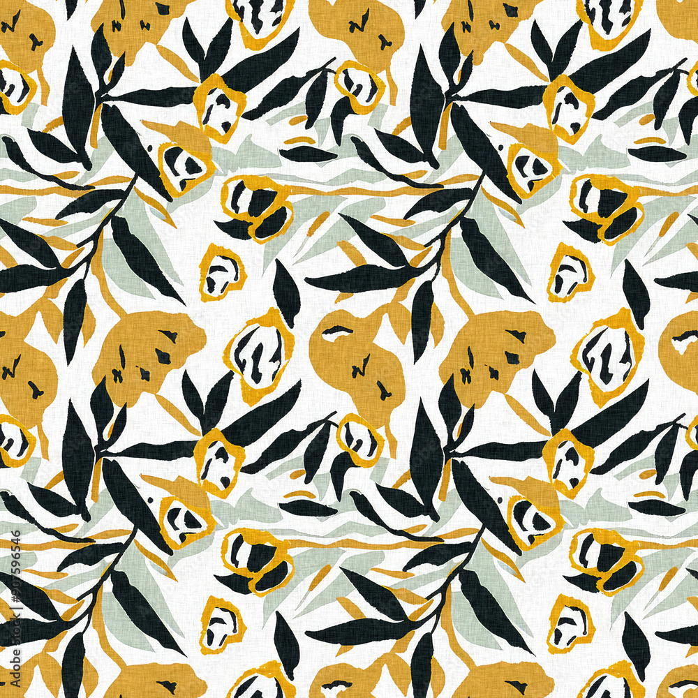 Modern printed fabric wildflower blockprint pattern with linen fabric textures. Stylized hand drawn boho dark florals for decorative design elements in repeatable background tile. Modern printed fabric wildflower blockprint pattern with linen fabric textures. Stylized hand drawn boho dark florals for decorative design elements in repeatable background tile.