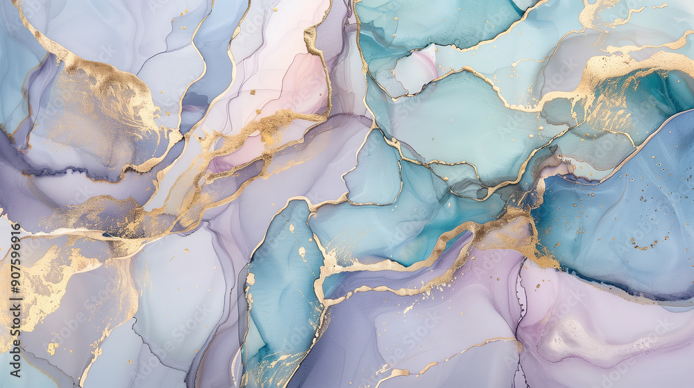 Naklejka premium Marble ink texture background in soft blue, lavender, and gold accents