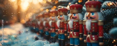Colorful nutcracker soldiers stand in a snowy setting, illuminated by soft holiday lights, creating a festive winter atmosphere.