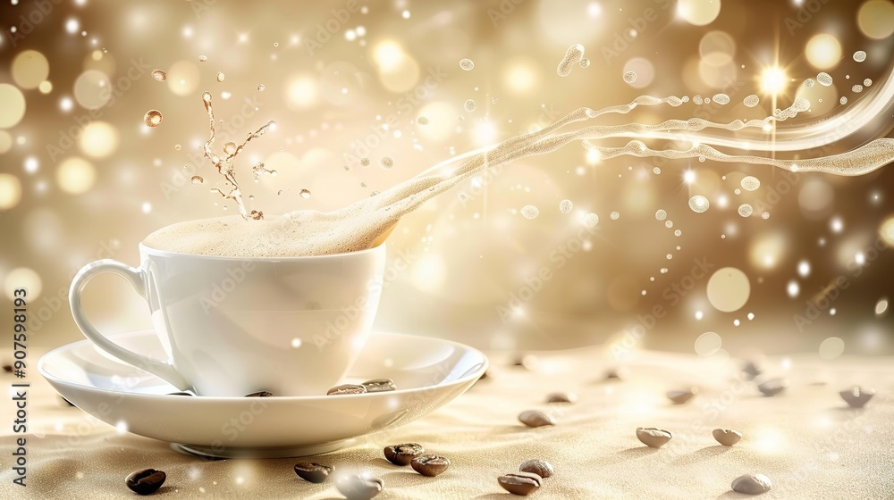 Fototapeta premium Milk Brown Coffee Liquid Swirl Splash with Coffee Beans Falling and Bubbles