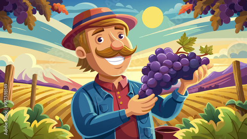 A winemaker smiles as he touches a bunch of grapes