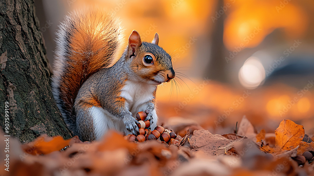 Squirrel gathering acorns near the base of a tree, detailed autumn scene