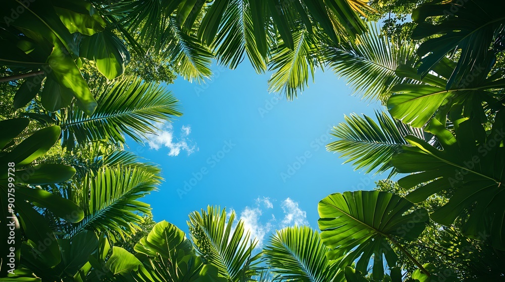 Lush green palm trees sway against a vibrant blue sky, promising tropical escape Lush green palm trees sway against a vibrant blue sky, promising tropical escape