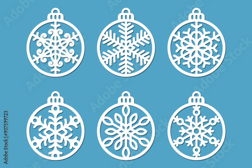 Laser cut Christmas balls with snowflakes, New Year decorations set.