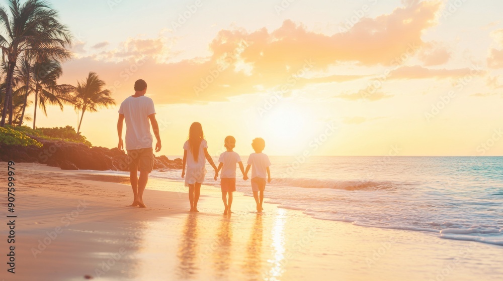 A family strolls along the beach, enjoying a beautiful sunset and quality time together A family strolls along the beach, enjoying a beautiful sunset and quality time together