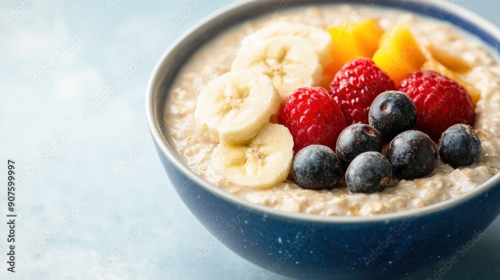 A vibrant bowl of oatmeal garnished with fresh fruit and nuts, perfect for a nutritious breakfast A vibrant bowl of oatmeal garnished with fresh fruit and nuts, perfect for a nutritious breakfast