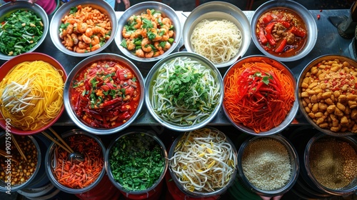 Colorful Assortment of Authentic Thai Street Food in Metal Bowls at a Vibrant Market Stall