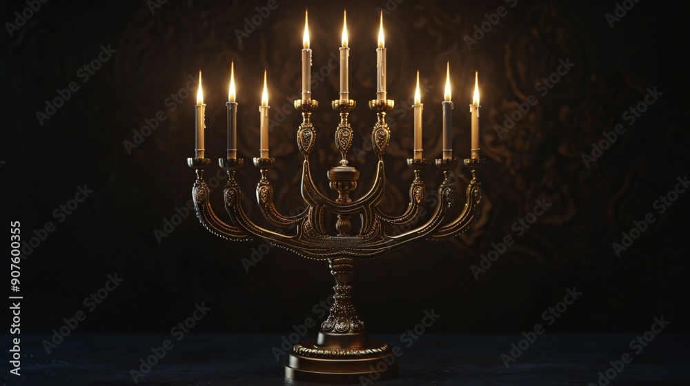 Side Angle of Nine-Branched Hanukkah Menorah with Burning Candles and Height Difference Emphasis
