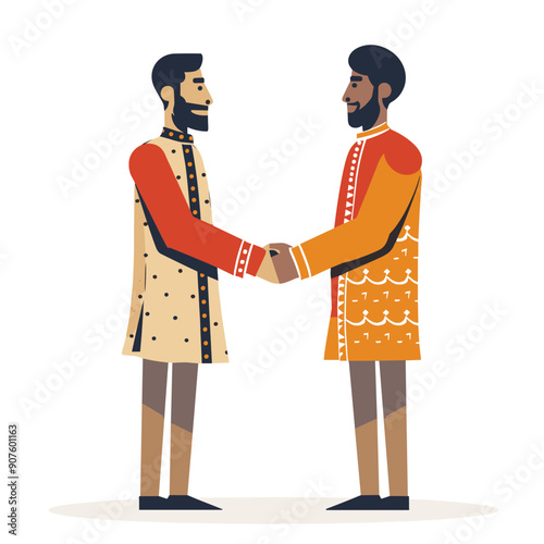 Two men handshake, traditional clothing, Middle Eastern attire, friendly interaction, emphasize cultural connect. Bearded men, mutual respect, ceremonial garments, orange beige robes, isolated