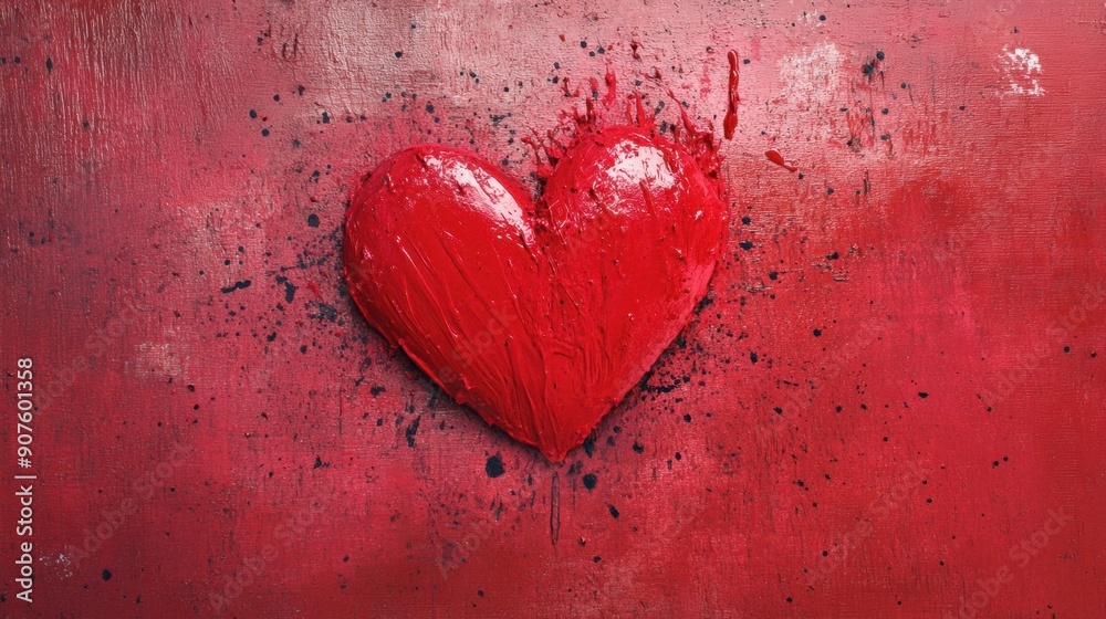 A striking dark red heart is splashed with paint against a vivid red backdrop A striking dark red heart is splashed with paint against a vivid red backdrop