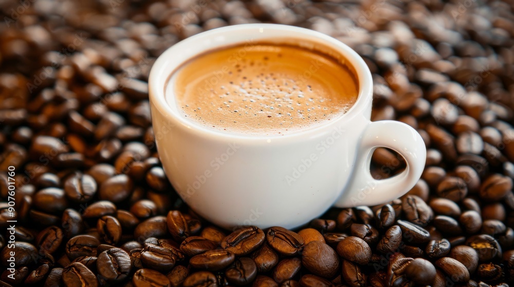 Mug on plate filled with coffee surrounded by coffee beans cup of coffee coffee bean background Mug on plate filled with coffee surrounded by coffee beans cup of coffee coffee bean background