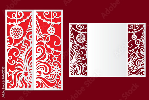 Christmas card Laser cut template with Christmas tree, Gate card.