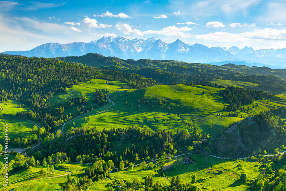 Mountain landscape in the Pieniny National Park at the foot of the Tatra Mountains. Pieniny Park is located on the border of Poland and Slovakia