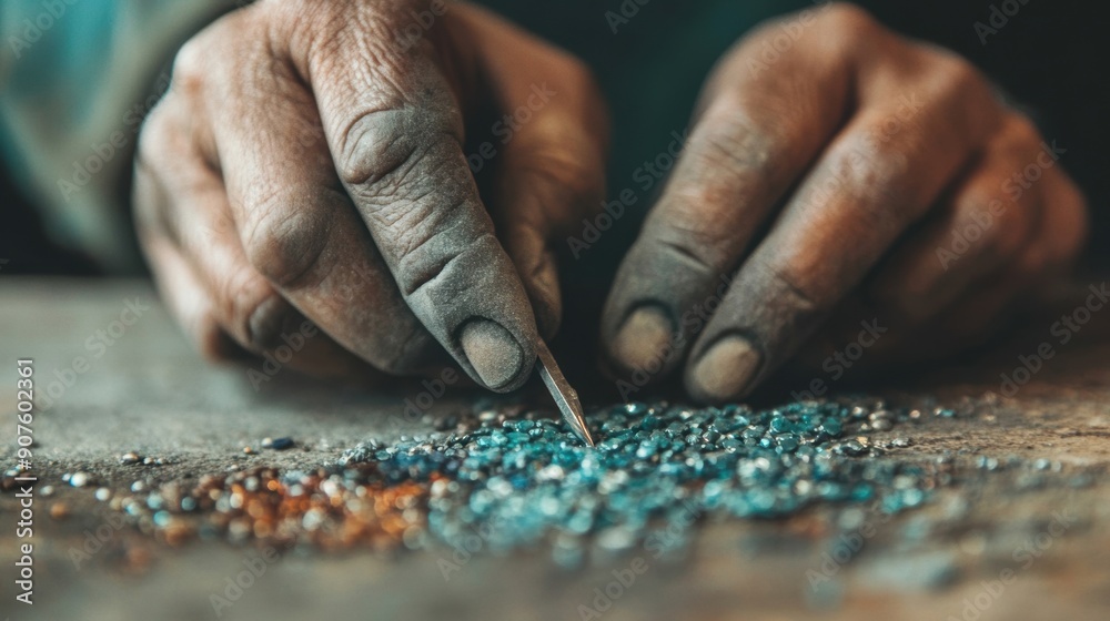 An artisan skillfully arranges vibrant gemstones while crafting intricate jewelry in a serene workshop An artisan skillfully arranges vibrant gemstones while crafting intricate jewelry in a serene workshop