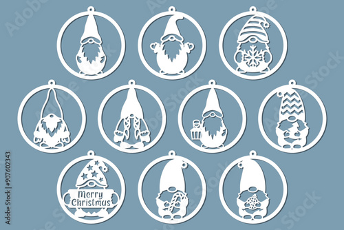 Laser cut Christmas balls with Gnomes, set New Year decorations.