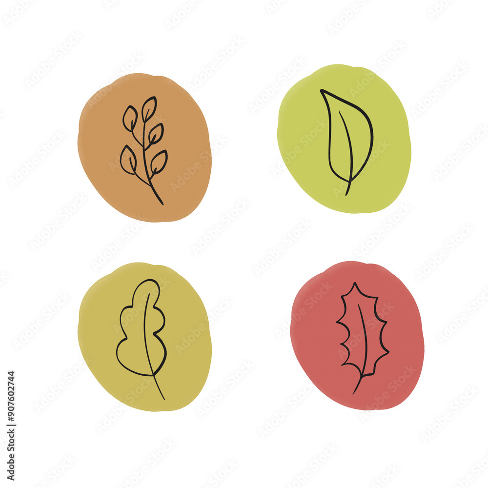 Set of leaves line art on colorful blots. Set of autumn design elements. Set of leaves line art on colorful blots. Set of autumn design elements.