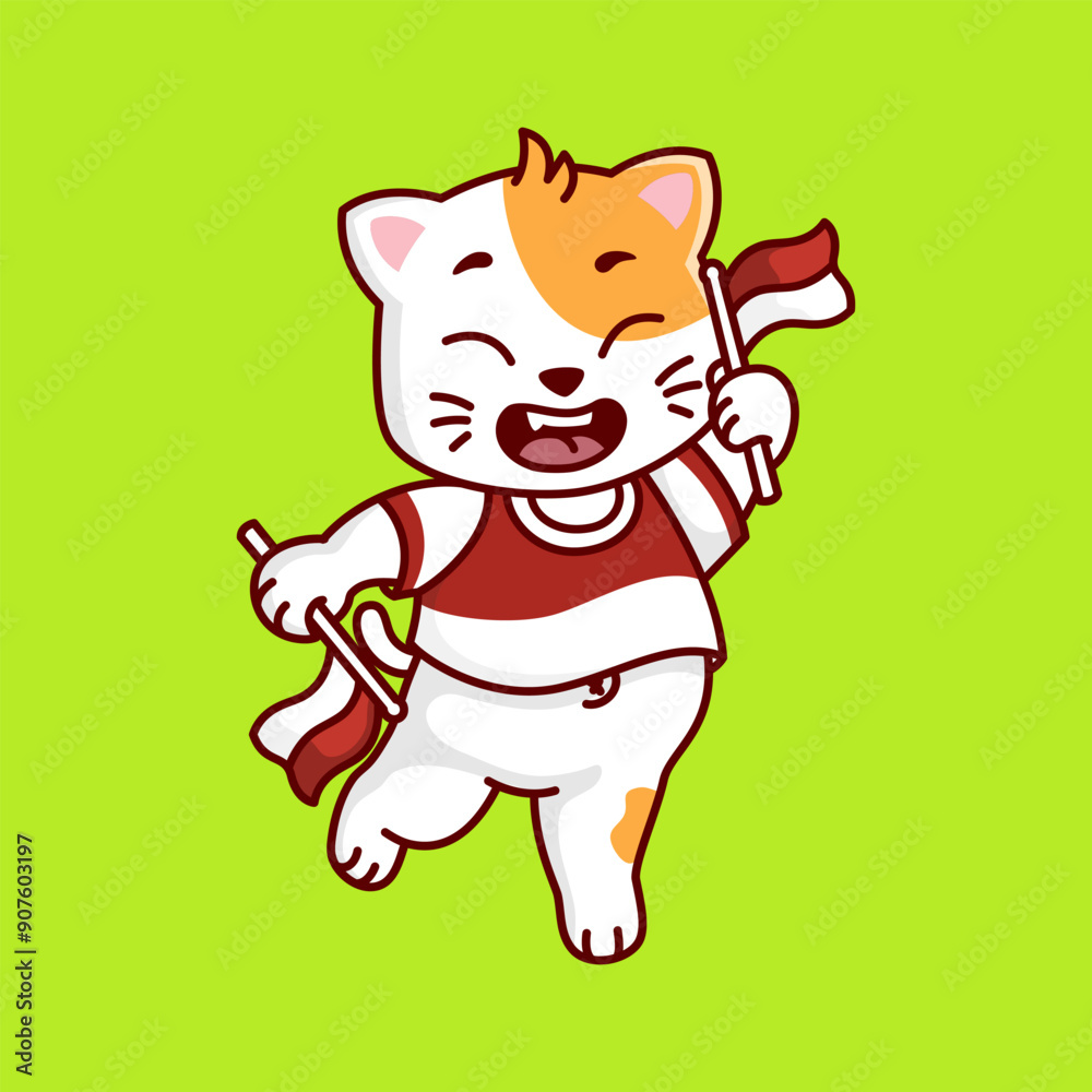 cute cat standing holding two indonesian flags Vector Illustration Icon. Flat Cartoon Style cute cat standing holding two indonesian flags Vector Illustration Icon. Flat Cartoon Style