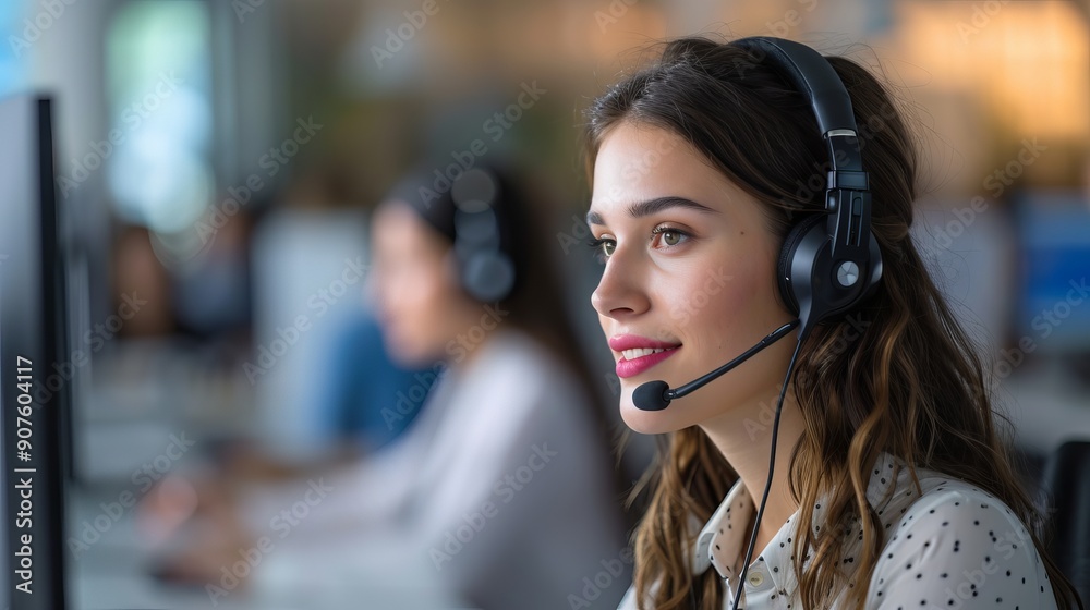 Professional female call center agent providing customer support with headset in a modern office environment, focused on delivering high-quality service and assistance Professional female call center agent providing customer support with headset in a modern office environment, focused on delivering high-quality service and assistance