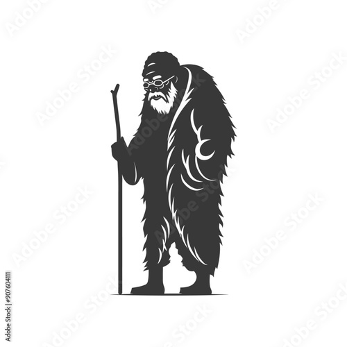 A bearded man in a fur coat with a walking stick