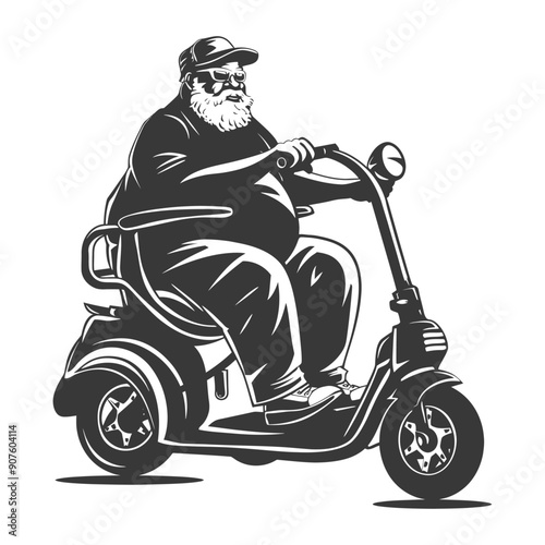 A Bearded Man in a Cap Driving a Motorized Scooter