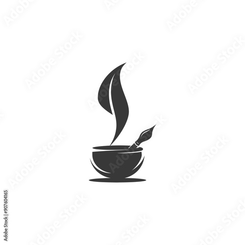 A black and white abstract logo of a teacup with a leaf and a paintbrush