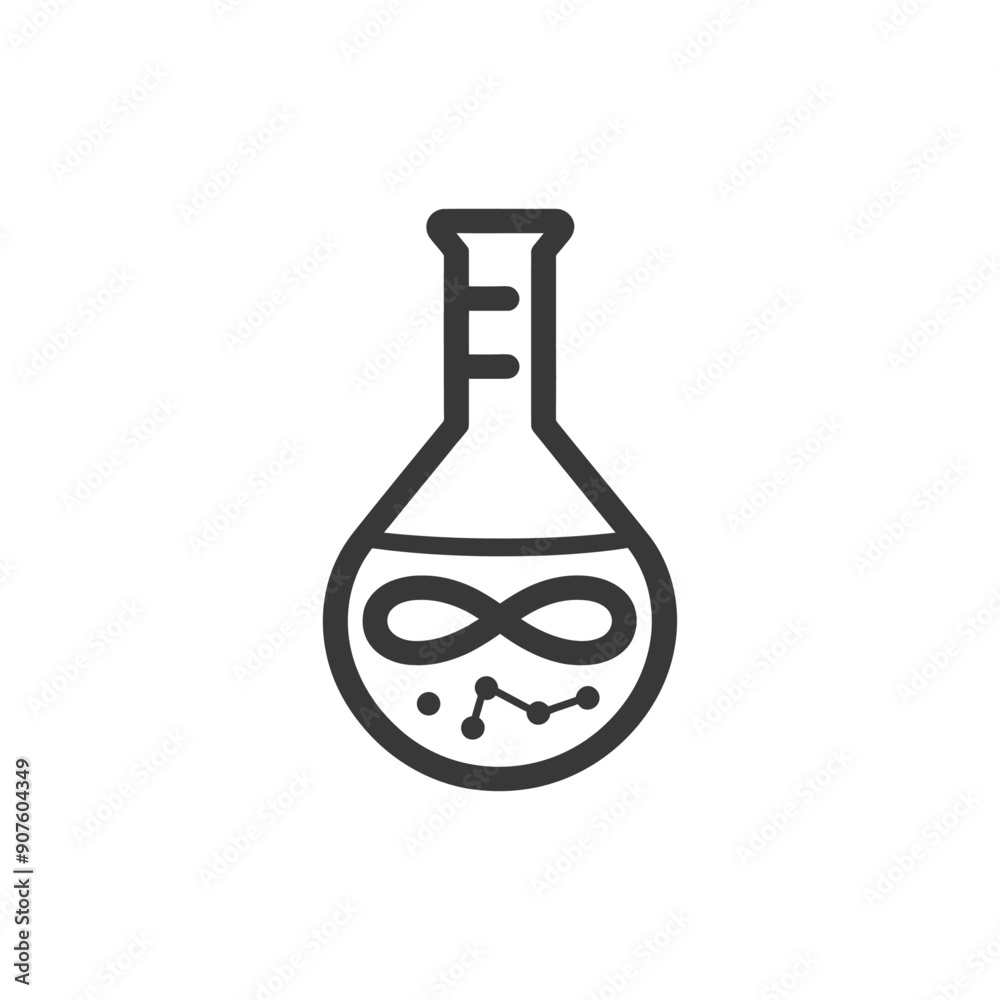 A black and white illustration of a beaker with an infinity symbol and connected dots inside A black and white illustration of a beaker with an infinity symbol and connected dots inside