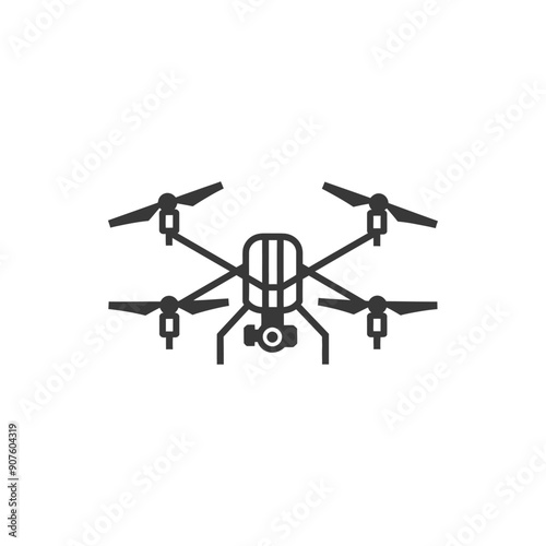 A black and white icon of a drone with four propellers and a camera
