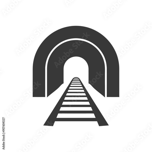 A black and white icon of a train track leading into a tunnel