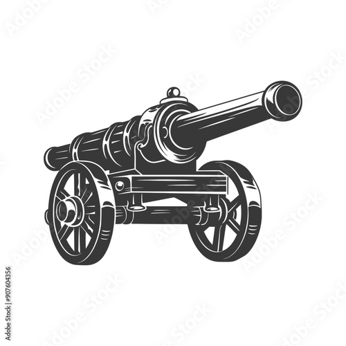 A Black and White Illustration of a Cannon on Wheels
