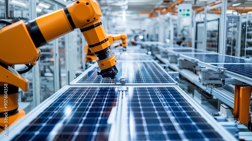 A large production line equipped with industrial robot arms at a modern brightly lit factory where solar panels are assembled on a conveyor in an automated manufacturing facility