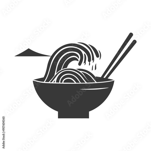 A black and white illustration of a bowl of noodles with chopsticks and a wave on top
